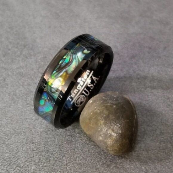 Men's Real Black Tungsten Promise Ring With Abalone Shell Inlay - Picture 10 of 11